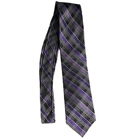 Pronto Uomo Mens Silk Tie 58 inches Tartan Plaid Purple Black White Boardroom - Picture 3 of 5